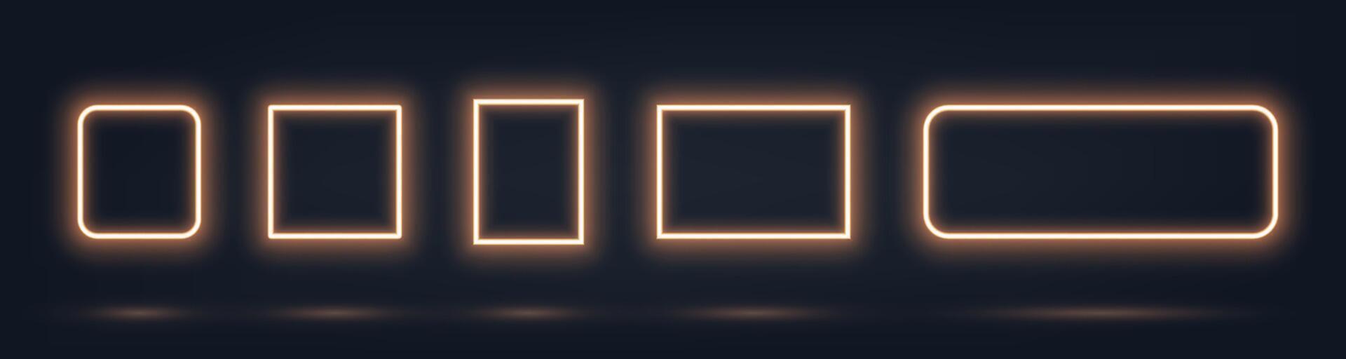Square gold glowing frame set. Light effect borders. Neon design elements vector