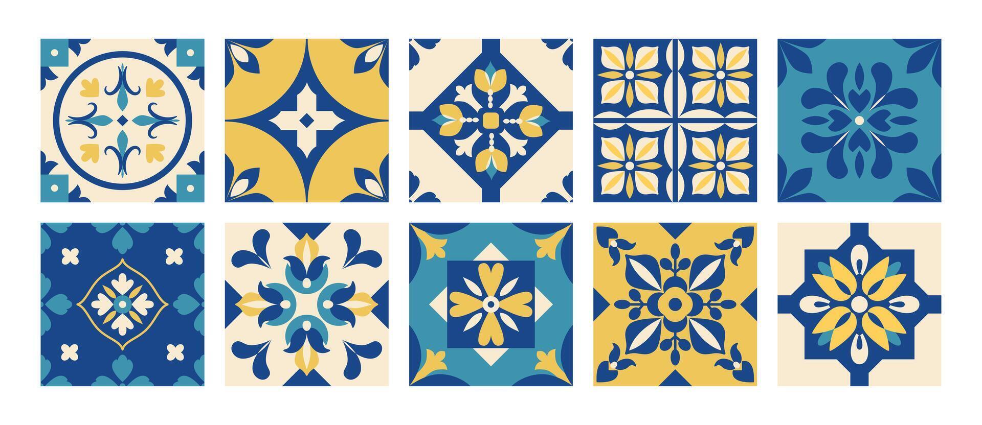 Mediterranean geometric azulejos tiles. Mediterranean pattern and background. Italian, Portuguese, Spanish, Moroccan traditional style. Blue and yellow abstract mosaic. illustration. vector