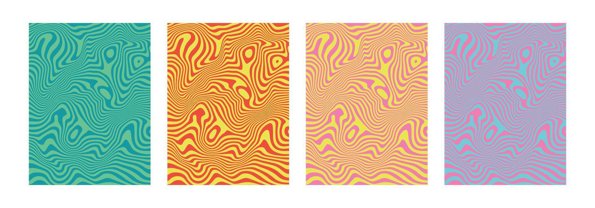 Summer juicy liquify backgrounds. Abstract marble twisted and distorted posters. Hypnotic wavy lines. Retro psychedelic acrylic texture. Hippie groovy swirls, spirals, twirls. Banner template. . vector