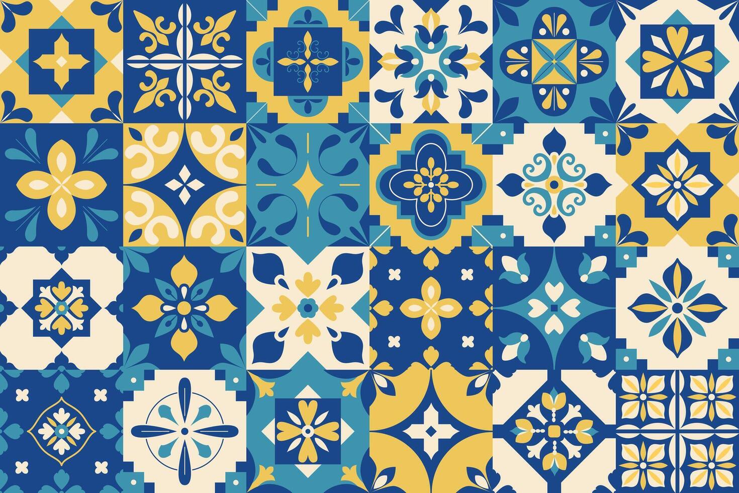 Mediterranean traditional pattern. Interior design. Blue and yellow kitchen tiles. Abstract azulejos geometric floral background, banner, cover, flyer. Mosaic. Damask. illustration. vector