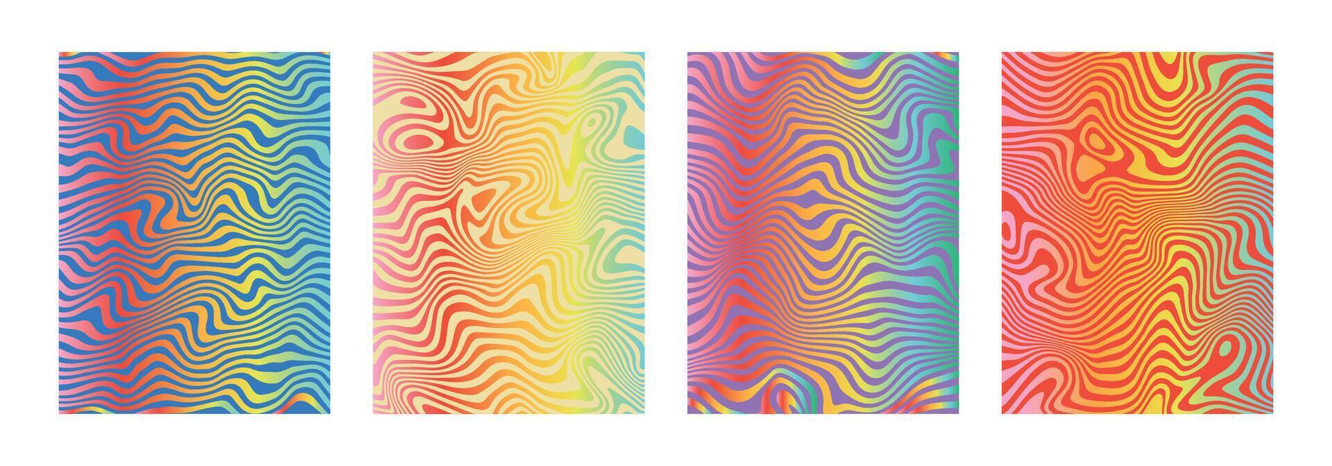 Iridescent gradient liquify backgrounds. Abstract rainbow distorted posters. Marble twisted banner. Psychedelic acrylic texture. Retro hippie groovy swirls, spirals, waves, twirls. . vector