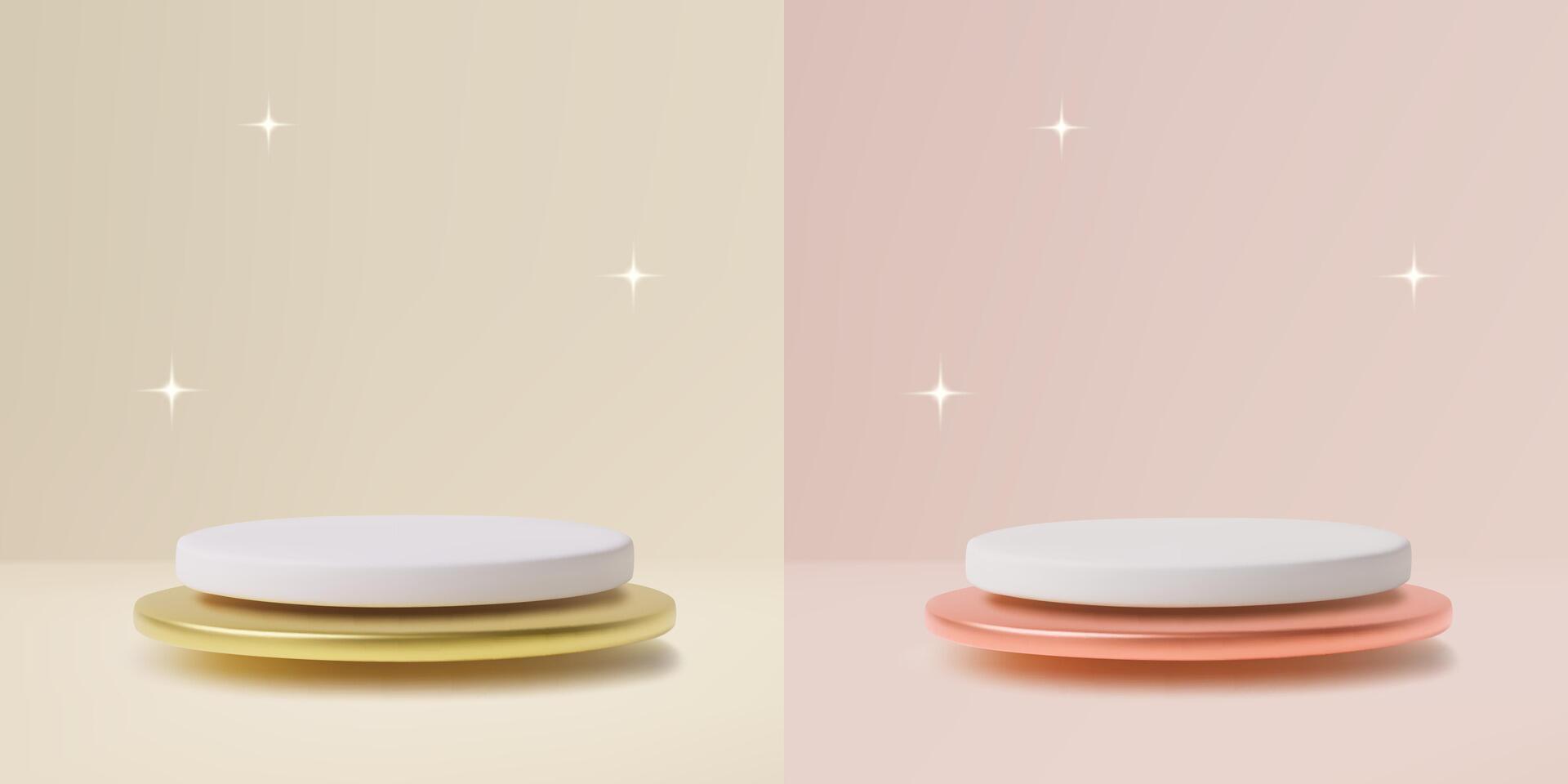 Pink and gold floating podium 3d realistic background with stars illustration vector