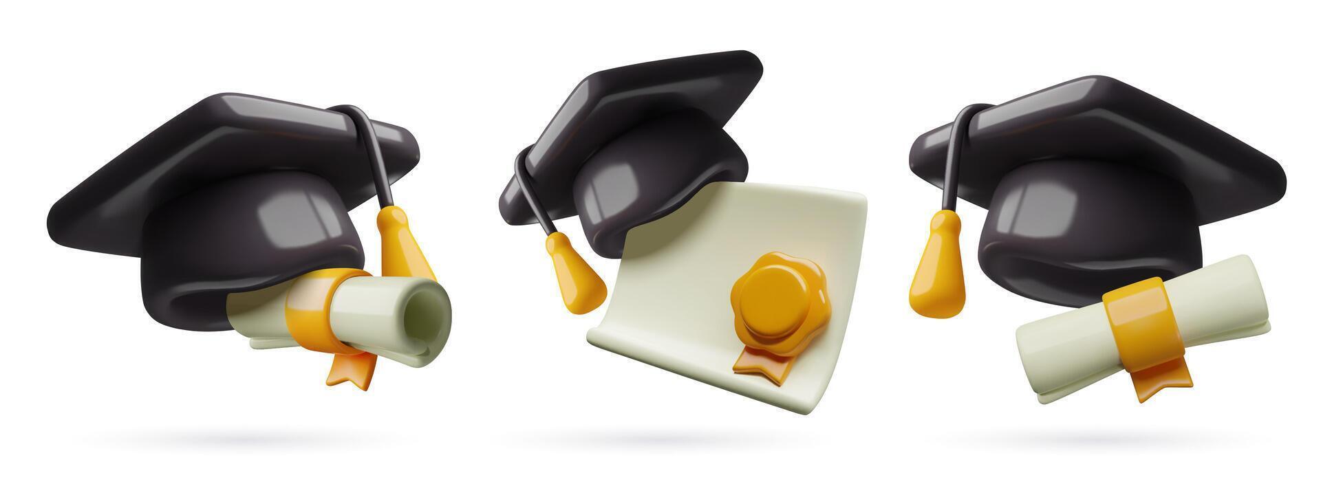 3d graduation icons set with black mortarboard caps diploma paper scrolls gold ribbons and medal vector