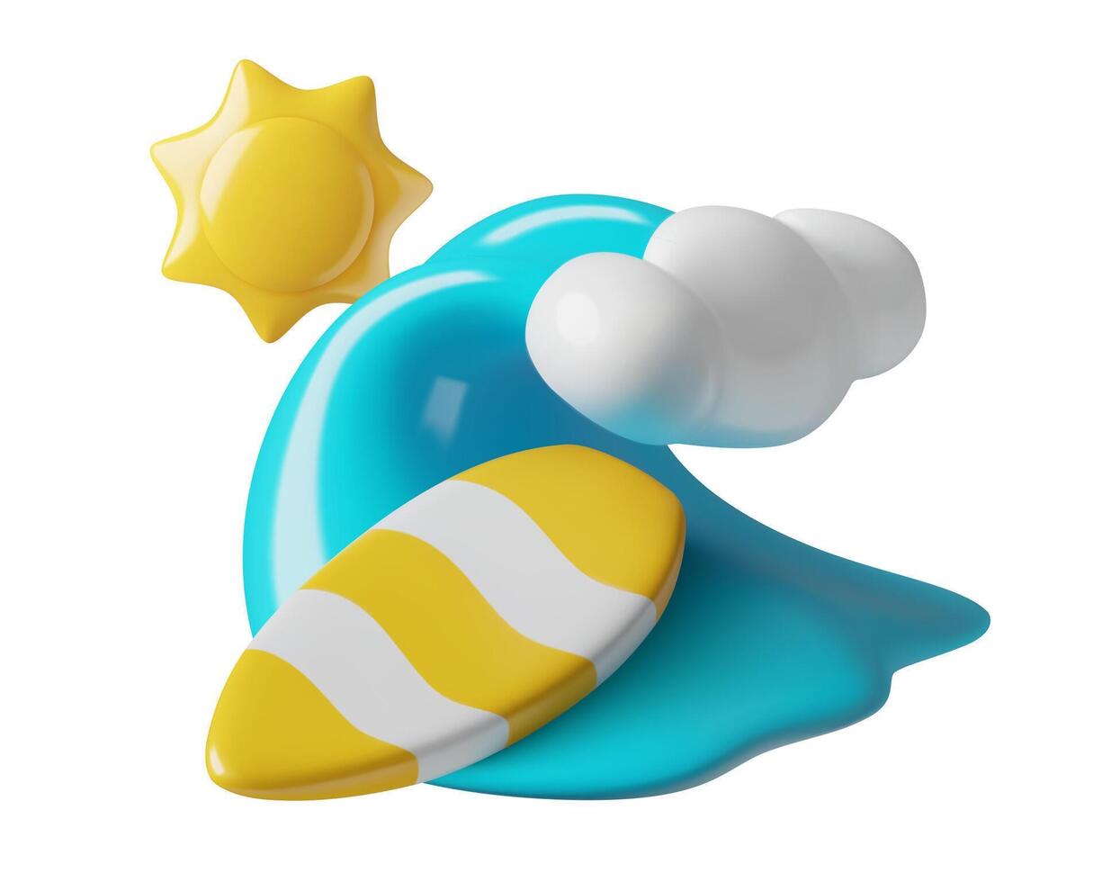 Surfing and summer vacation cute 3d icon with surfboard ocean wave and sun vector