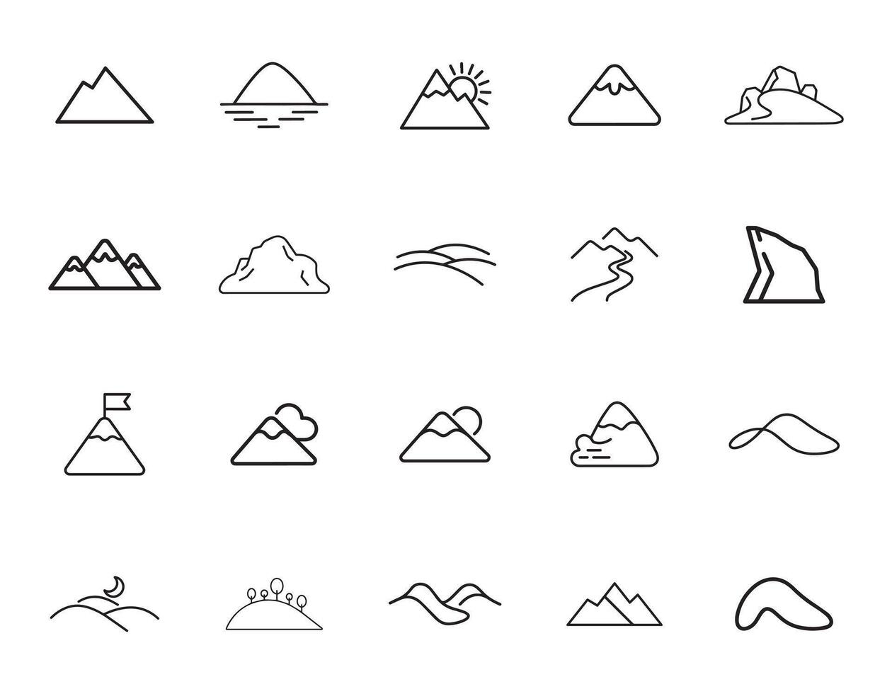 20 Mountains and Hills Icons Bundle for Outdoor Themes vector