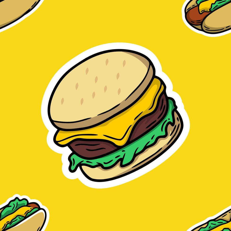 A seamless repeating pattern featuring cute cartoon style illustrations of hamburgers with buns, patty, cheese, and lettuce, interspersed with partially visible hot dogs vector