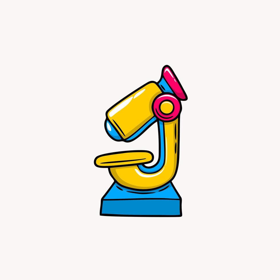 simple cartoon illustration of a microscope. The microscope has a yellow body with a blue outline and base vector