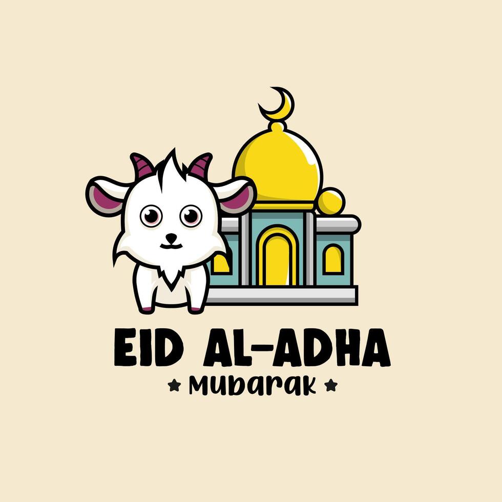 Cheerful Eid al Adha Mubarak Goat Graphic with Mosque vector