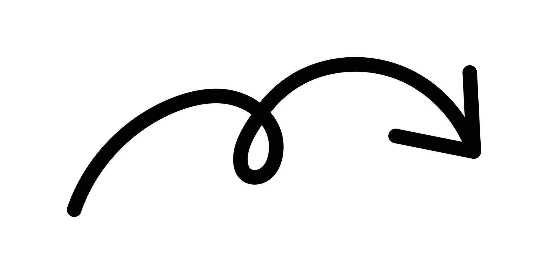 Hand drawn black swirling arrow symbol. n a white background. illustration. vector