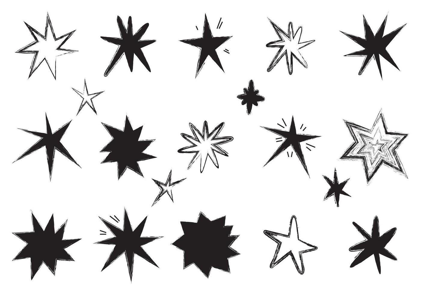 Grunge charcoal scrawl hand drawn stars doodle shapes. scribble icon for poster, collage, banner. Bold charcoal freehand stars. Crayon or marker scribbles illustration. vector