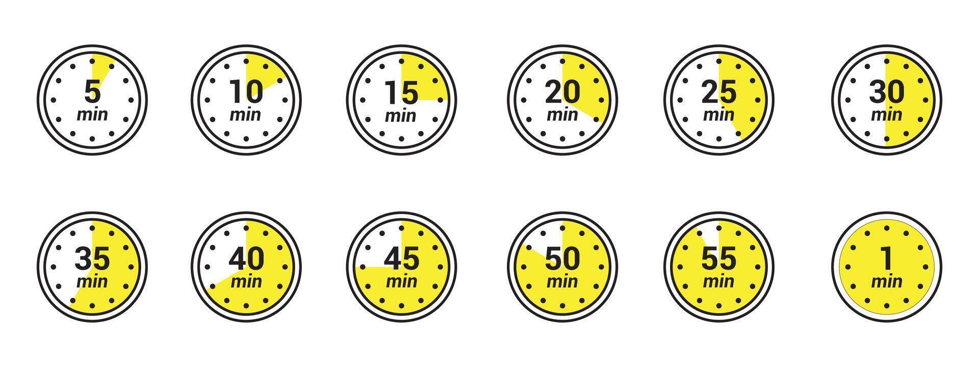 Timer icons set, Countdown timer symbol icon set., twelve timer indicators from 5 to 55 minutes or 1 hour., Timer, clock, stopwatch isolated set icons. illustration. vector