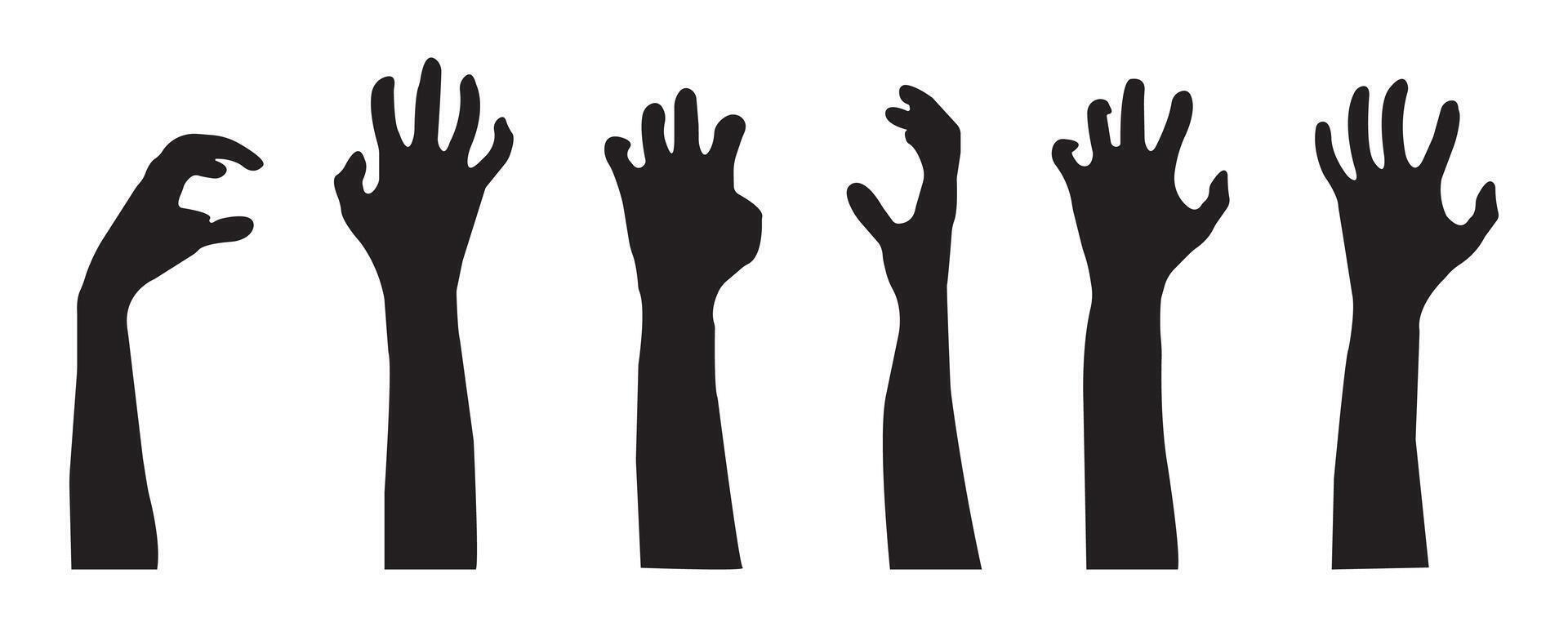 Hand silhouette, Different Positions Hands, creepy zombie hands silhouette illustration set. vector