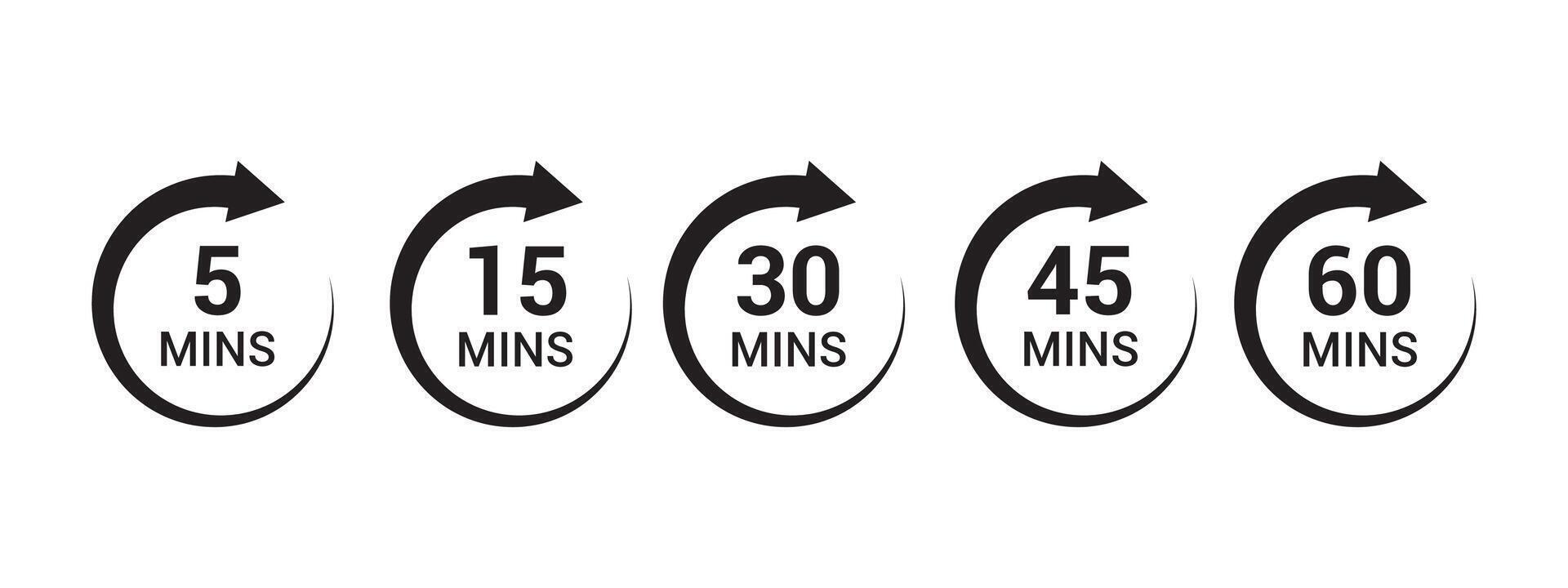 Minute timer icons set. black signs chronometer, Countdown timer showing minutes. Deadline or recommended, measurement for cooking. time counter. illustration, vector