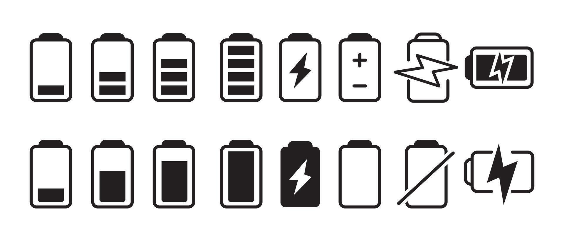 Battery icon set. Battery Full charge indicator or low charge sign. Battery charge level icons. Battery Charging indicator in thin line and flat icon collection vector
