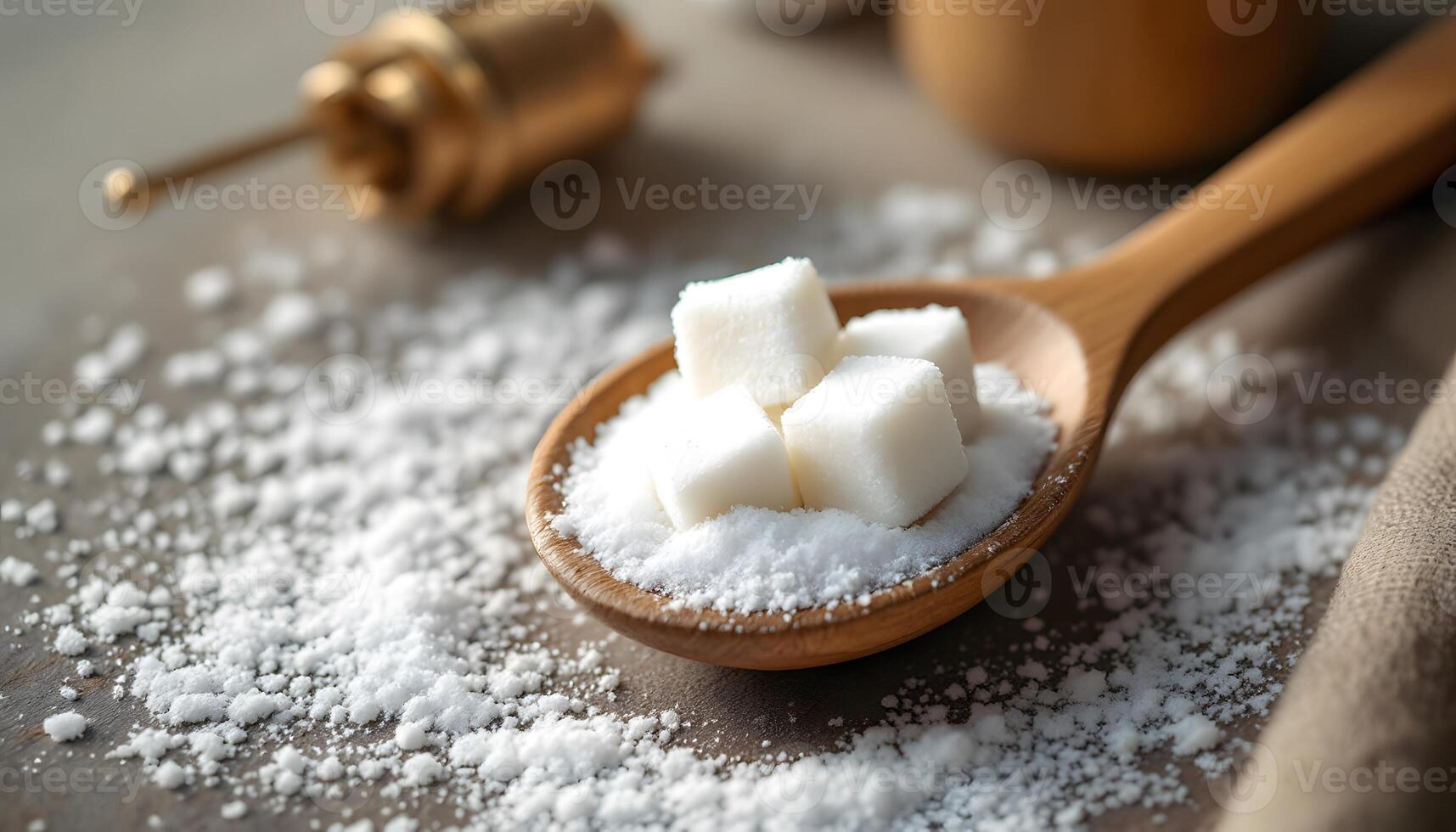 Sugar Cubes in Wooden Spoon on Table photo