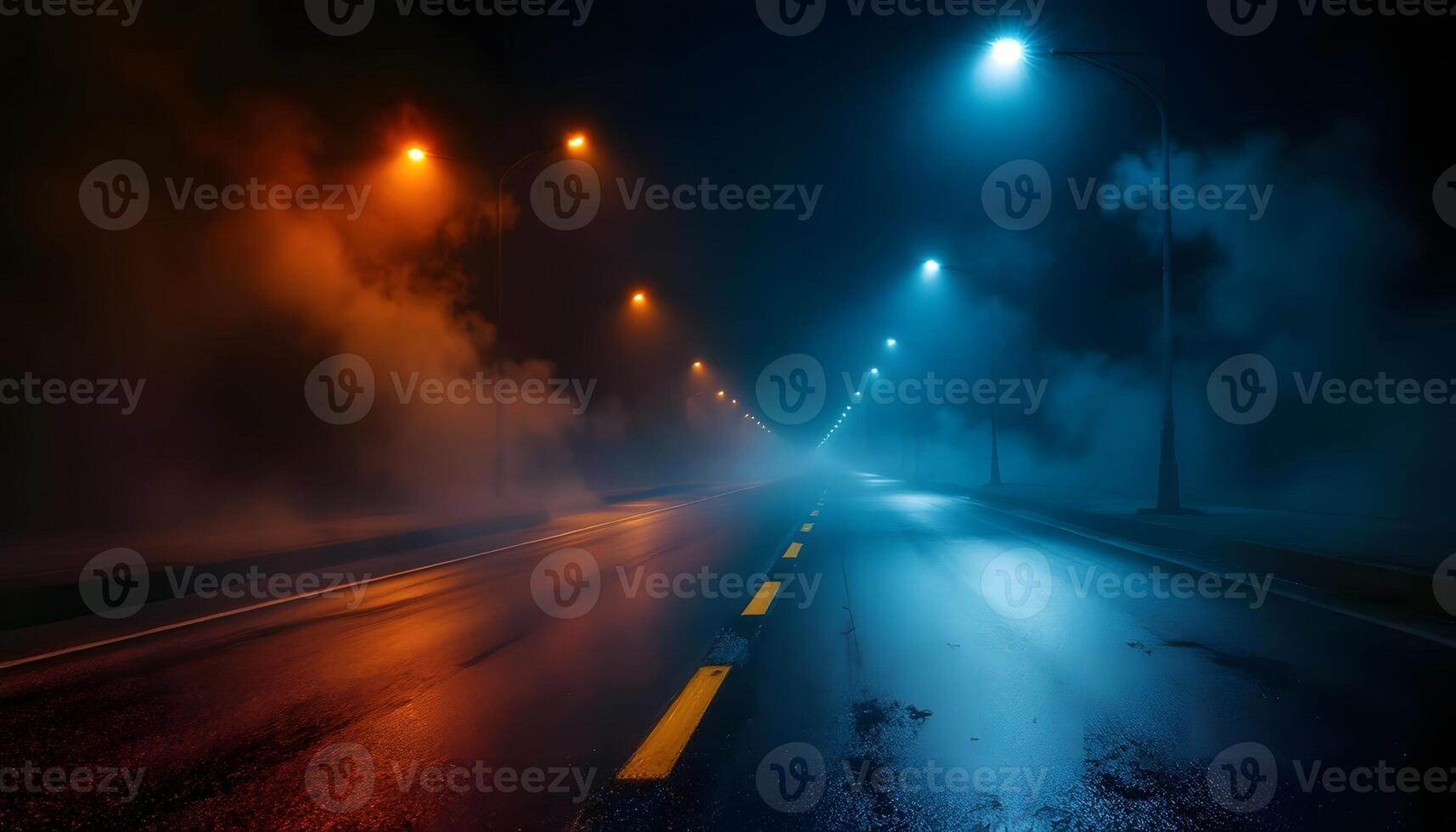 Mysterious Night Road in Fog Dual-Colored Lights Illuminate a Foggy Asphalt Path photo