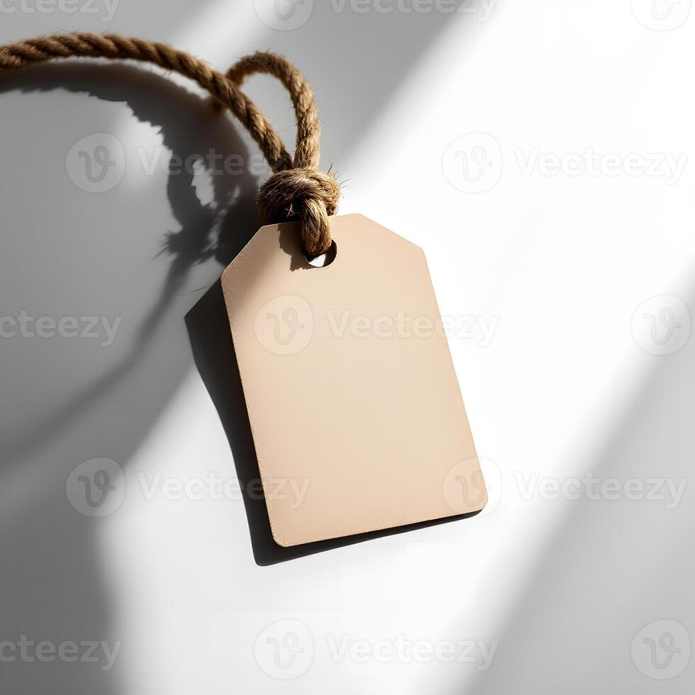 Blank Beige Tag with Jute Rope Mockup, Minimalist Branding and Design Template photo