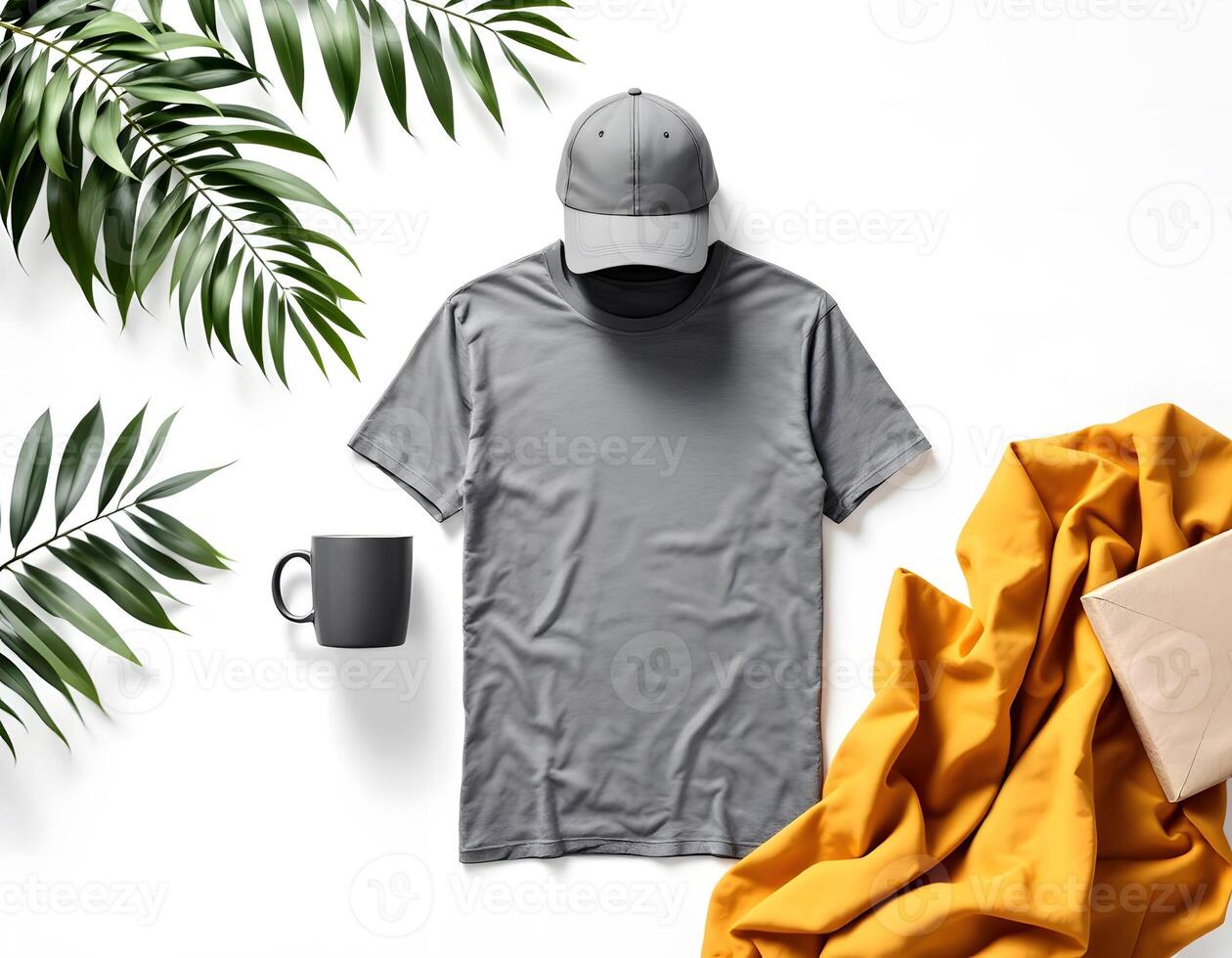 Grey TShirt Mockup with Accessories A Stylish and Minimalist Design photo