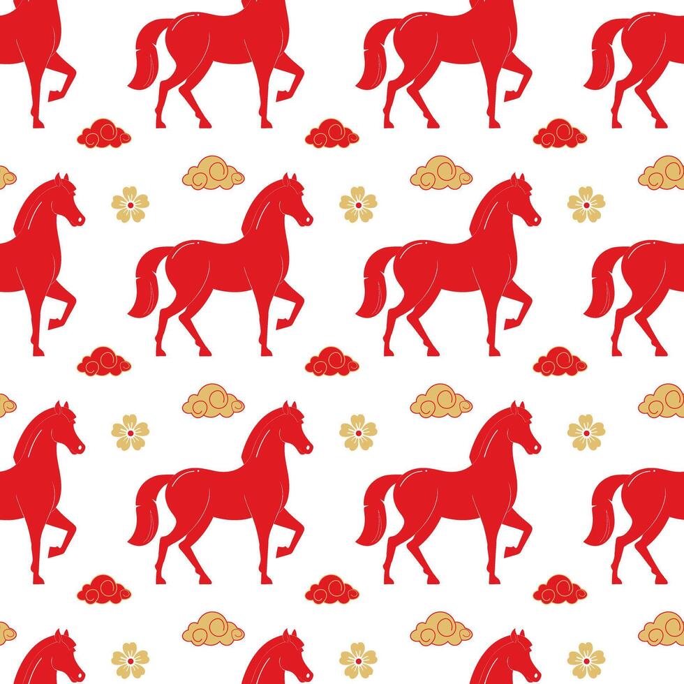 Seamless red horse pattern. Happy Chinese New Year 2026, the year of the horse, zodiac sign vector