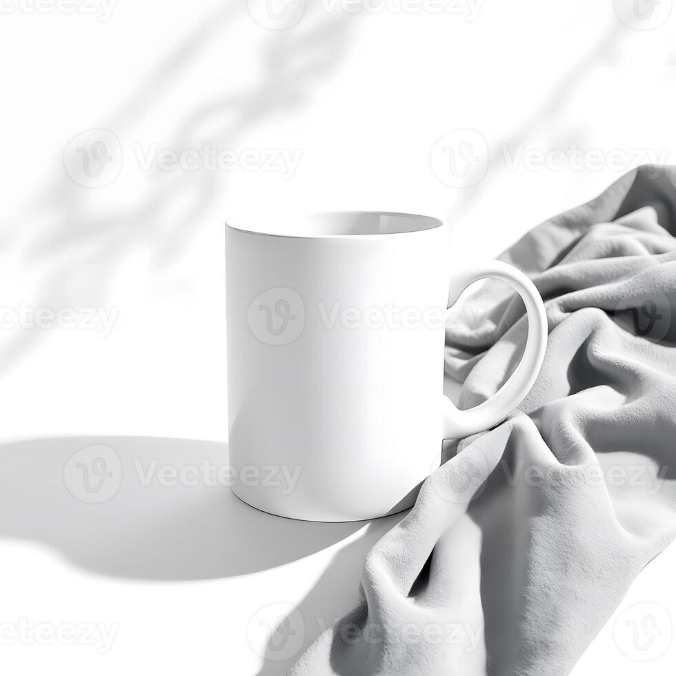 Minimalist Mug Mockup A White Mug Resting on a Gray Fabric Against a White Background with Shadows photo