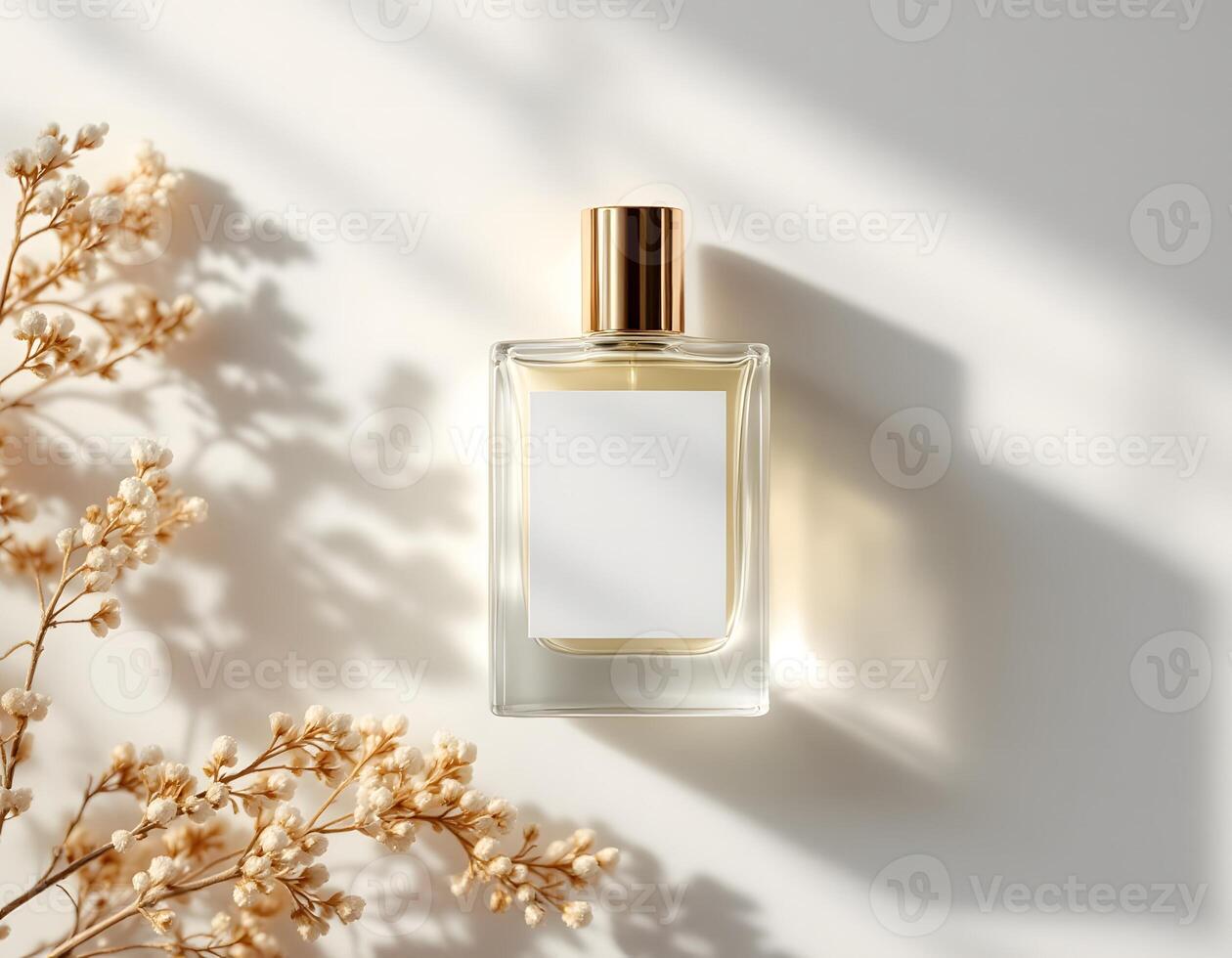 Elegant Perfume Bottle with Dried Flowers in Soft Sunlight photo