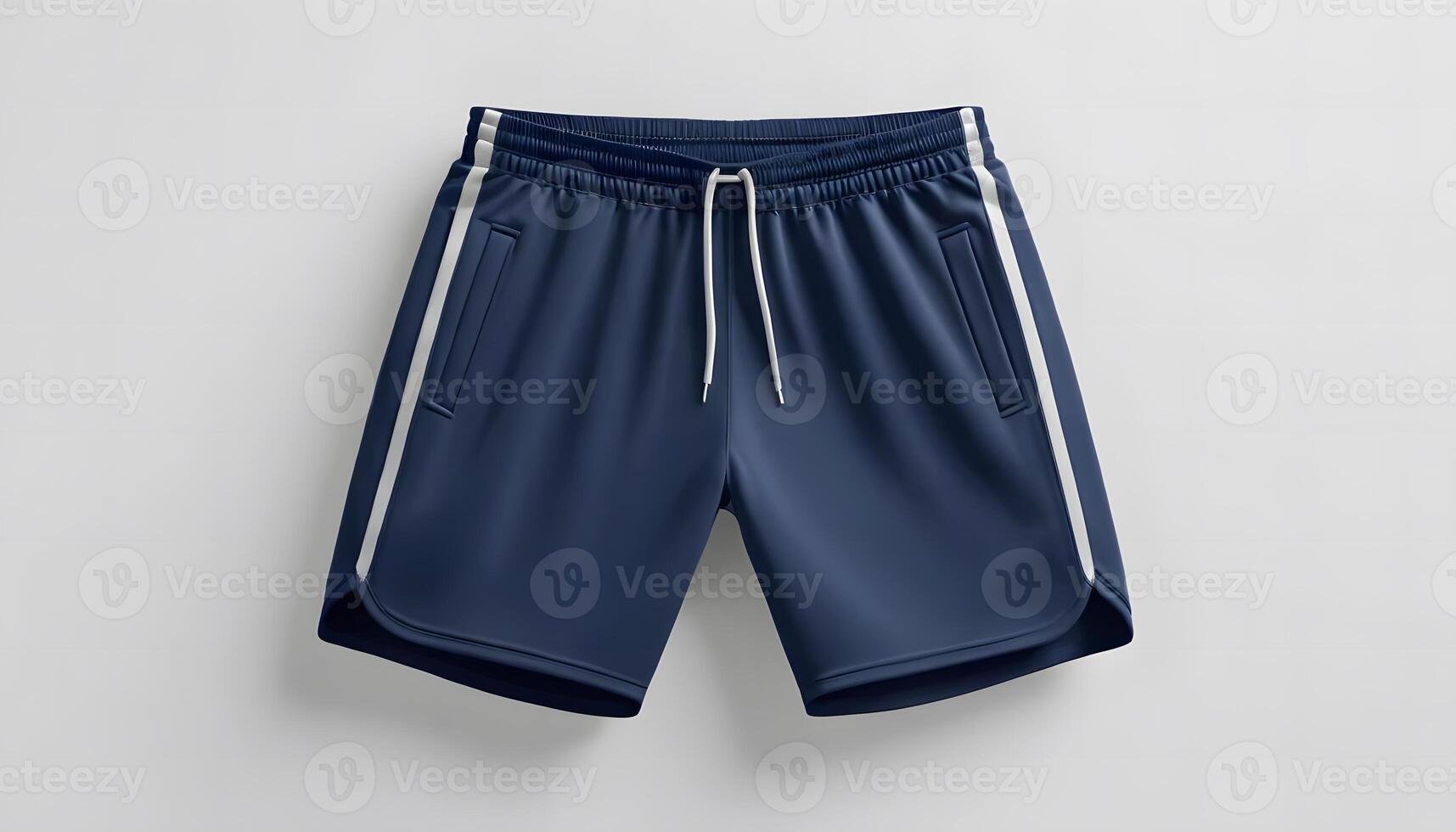 Stylish Navy Blue Athletic Shorts with White Side Stripes Perfect for Summer Workouts or Casual Wear Mock up template for design print photo