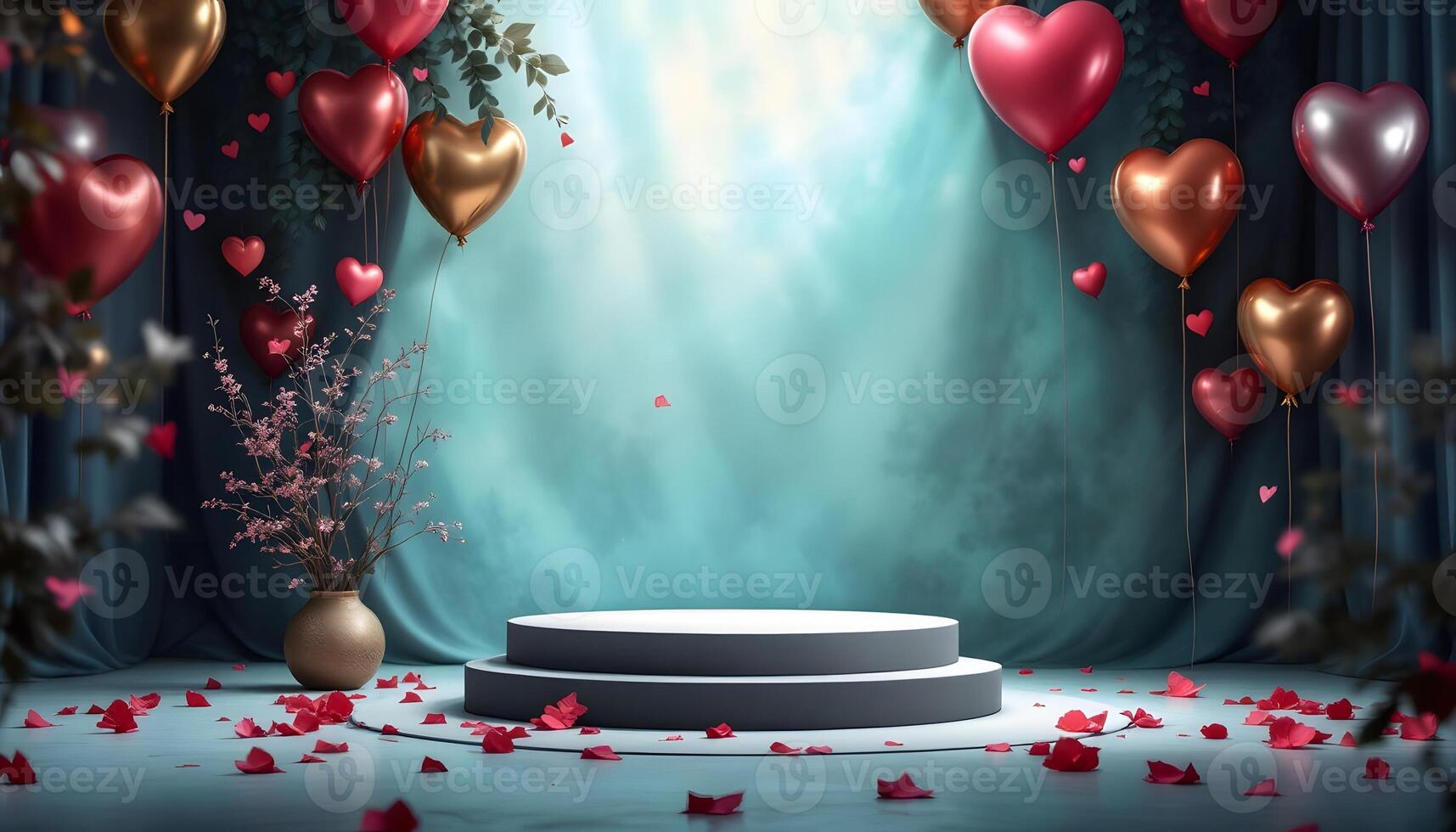 Romantic Valentine's Day Scene with Heart Balloons and Pedals 3D Rendering photo