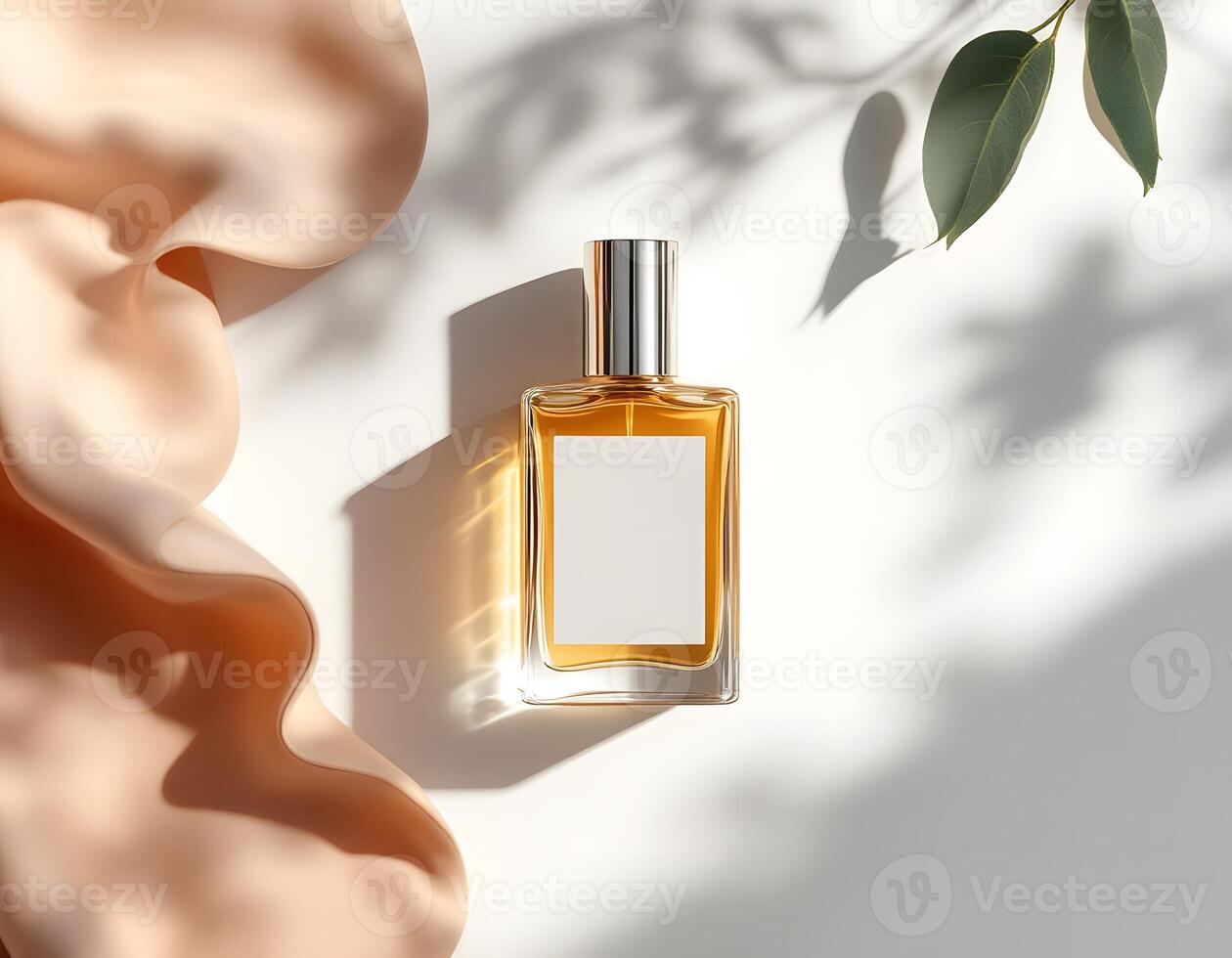 Elegant Perfume Bottle Mockup with Silk Fabric and Botanical Shadows photo