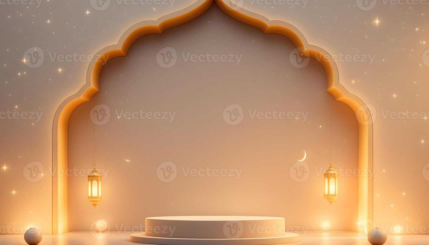 Ramadan Festive Background Elegant Islamic Archway with Lanterns and Crescent Moon photo