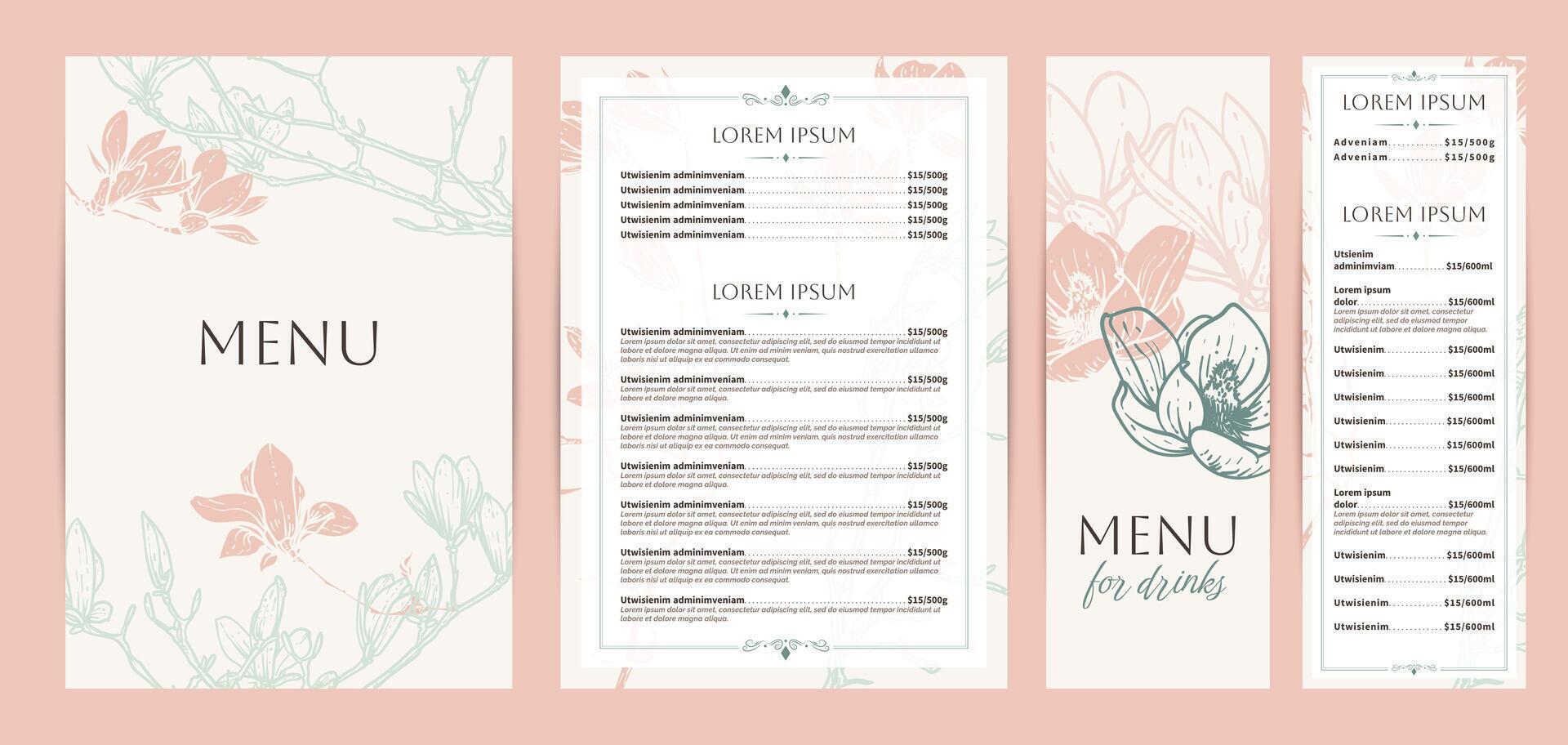 Elegant food and drinks menu designs. Restaurant menu template. Beautiful A4 format with high quality flowers for print and online usage. Pastel hand drawn line art magnolia illustrations. vector