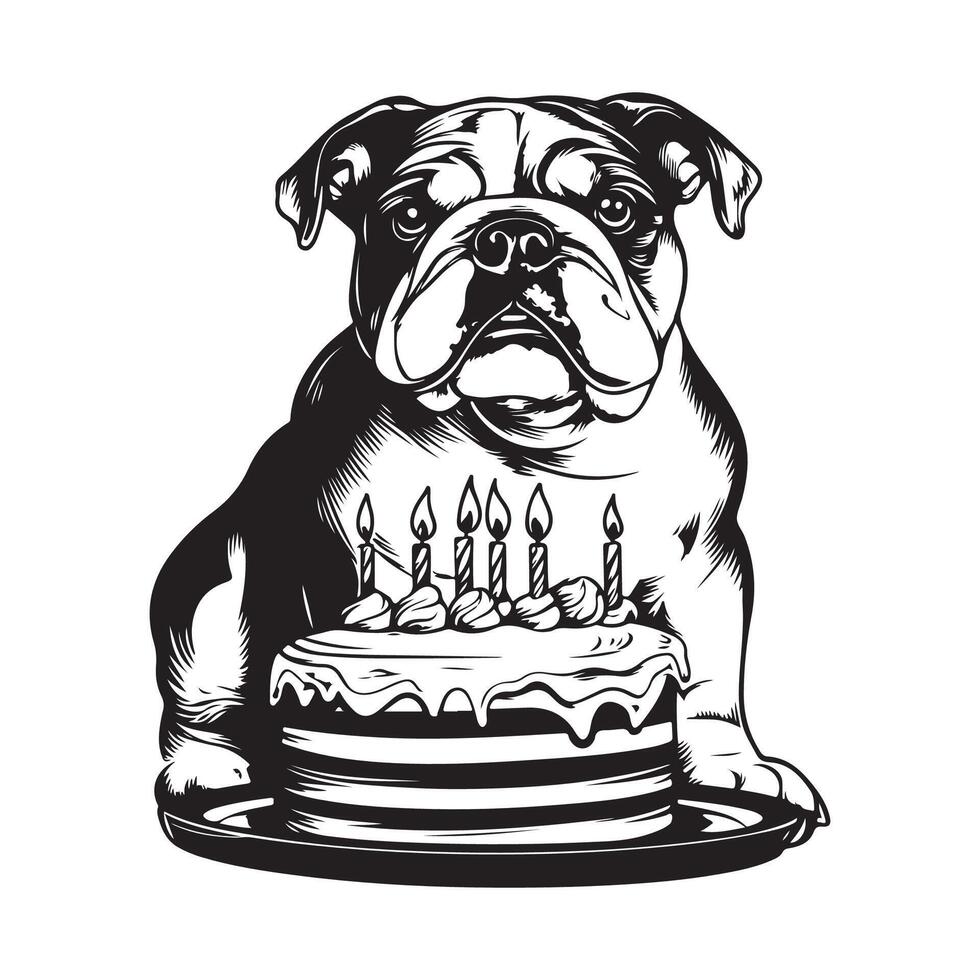 Happy birthday Bulldog dog celebrating with cake and candles Image isolated on white background. vector