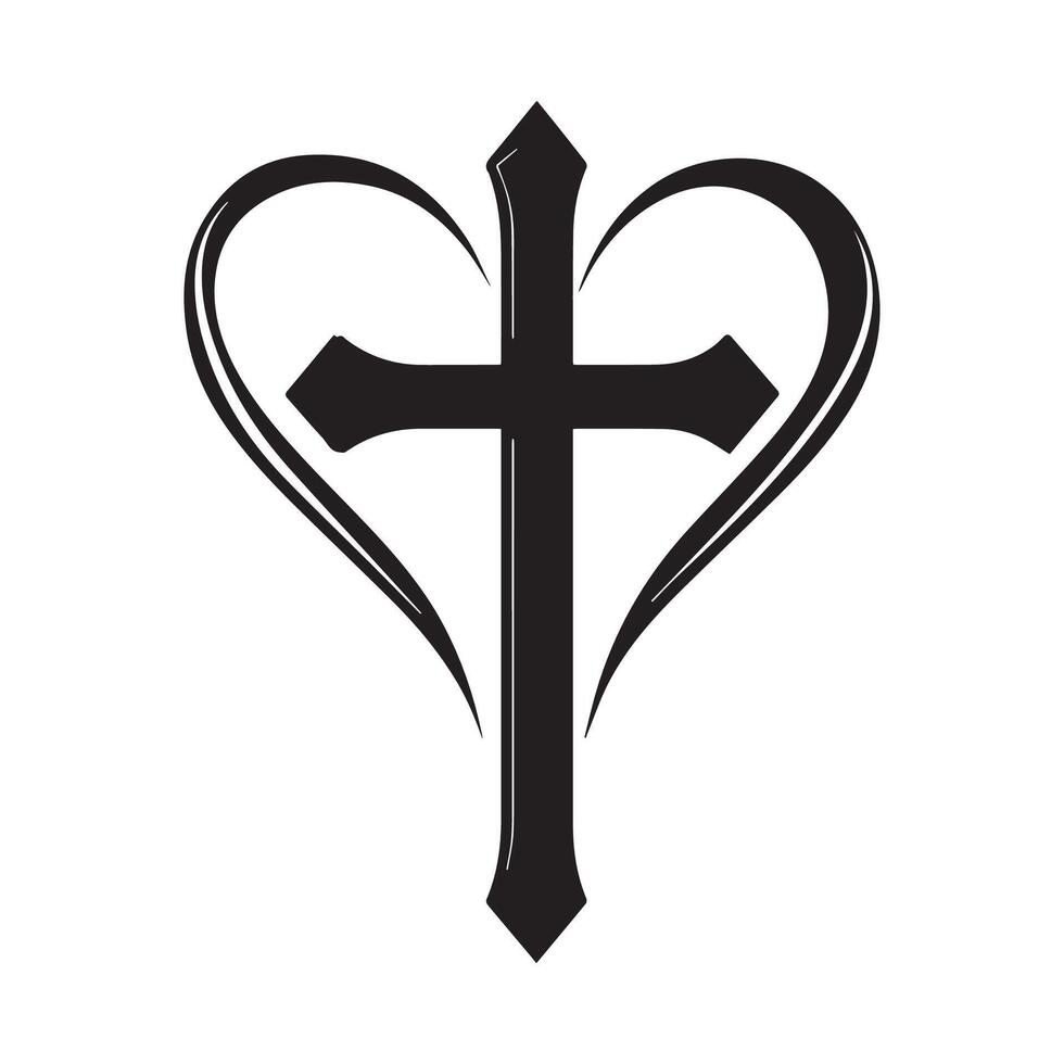 Simple Christian cross inside the heart black and white religious cross stock image. vector