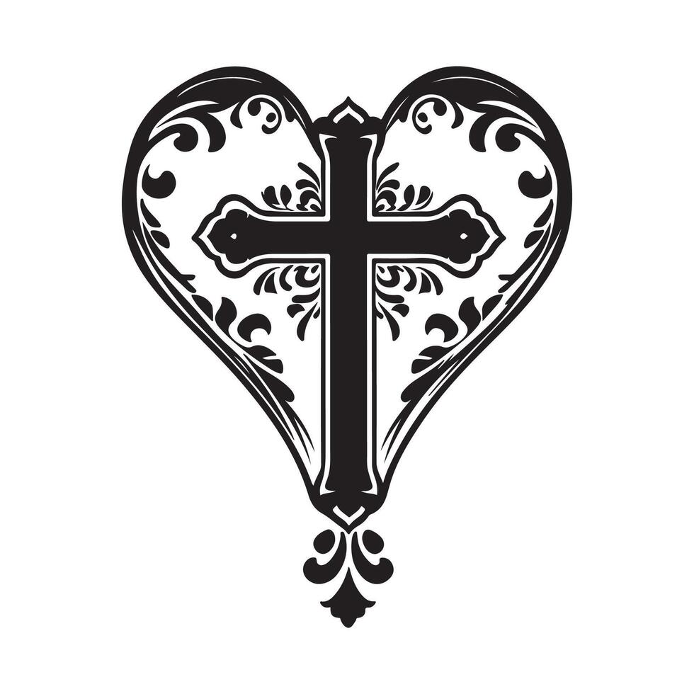 Christian cross inside the heart black and white religious cross stock image. vector