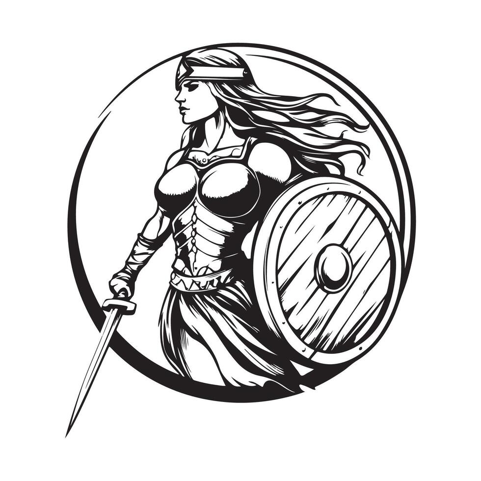 Viking Woman Warrior With Sword And Shield. vector
