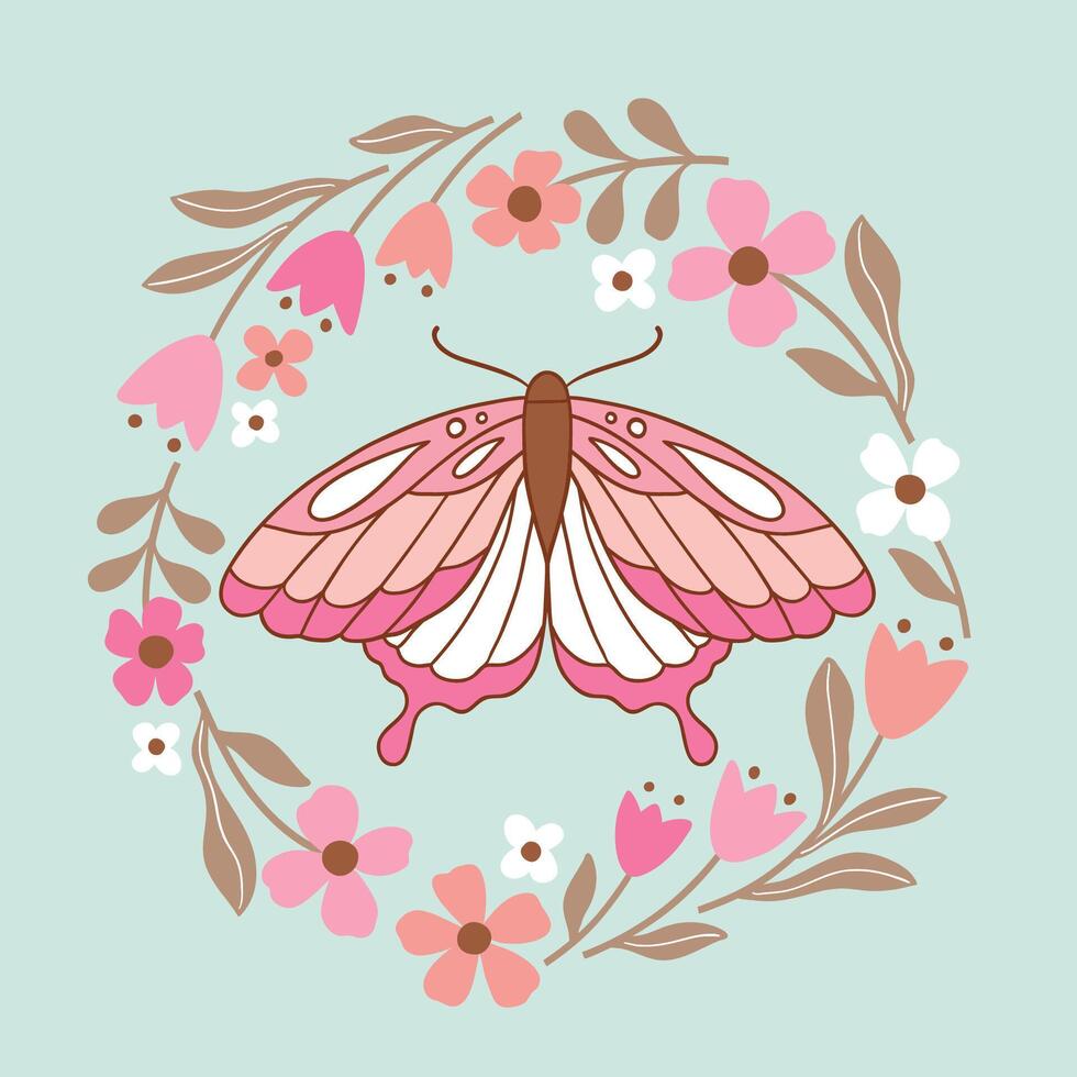 Hand drawn butterfly in floral wreath. Boho butterfly with tiny wildflowers. Perfect for tee shirt logo, greeting card, poster, invitation or print design. vector