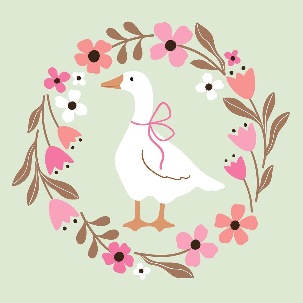 Hand drawn goose in floral wreath. Perfect for tee shirt logo, greeting card, poster, invitation or print design. vector