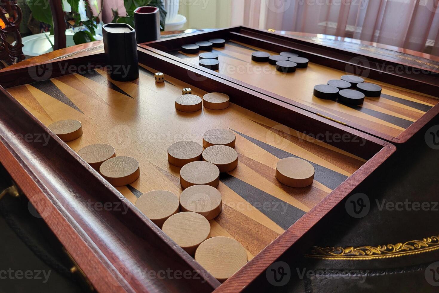 Close up of beautiful wood backgammon. board game photo