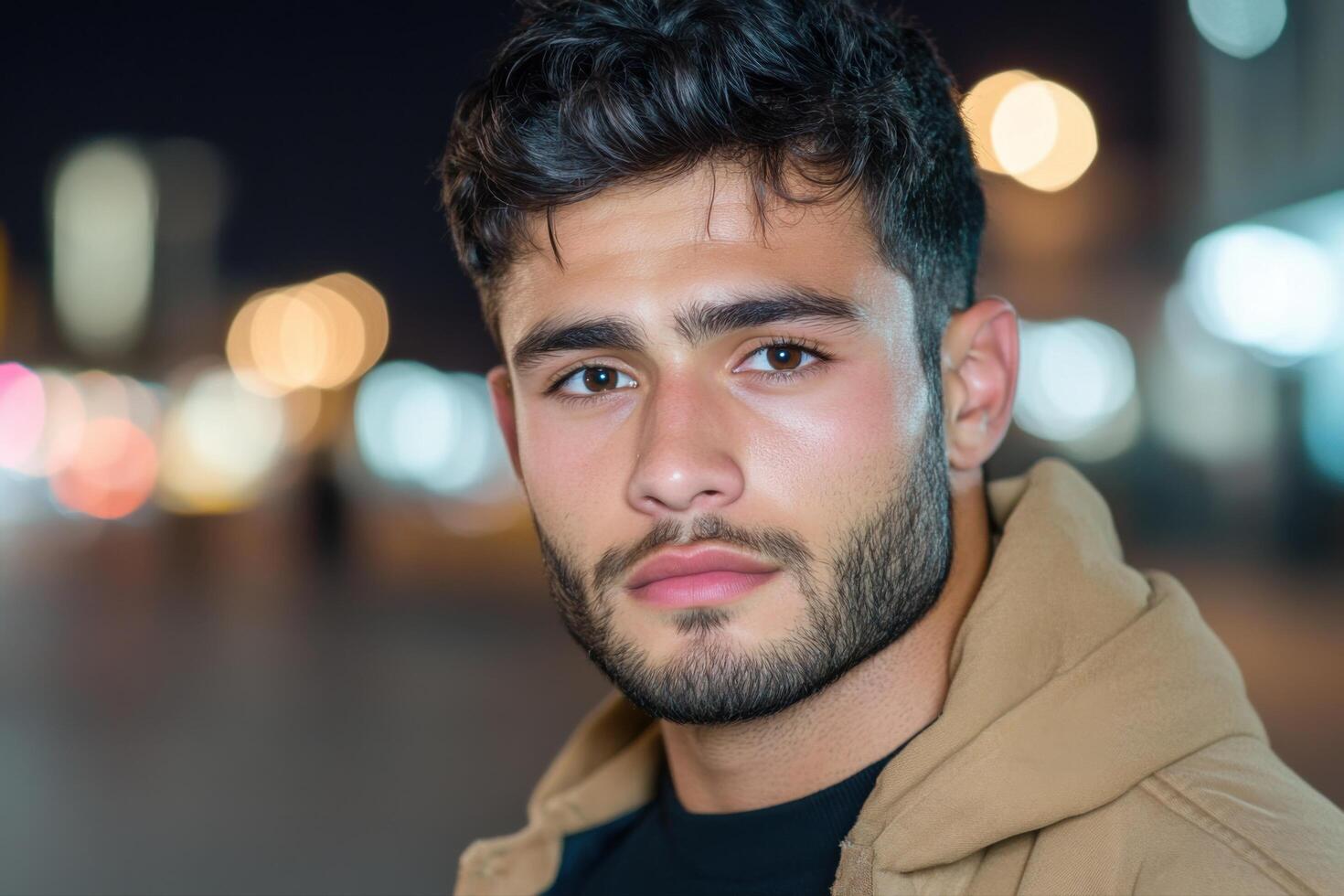 A man with a beard and a hoodie is looking at the camera photo