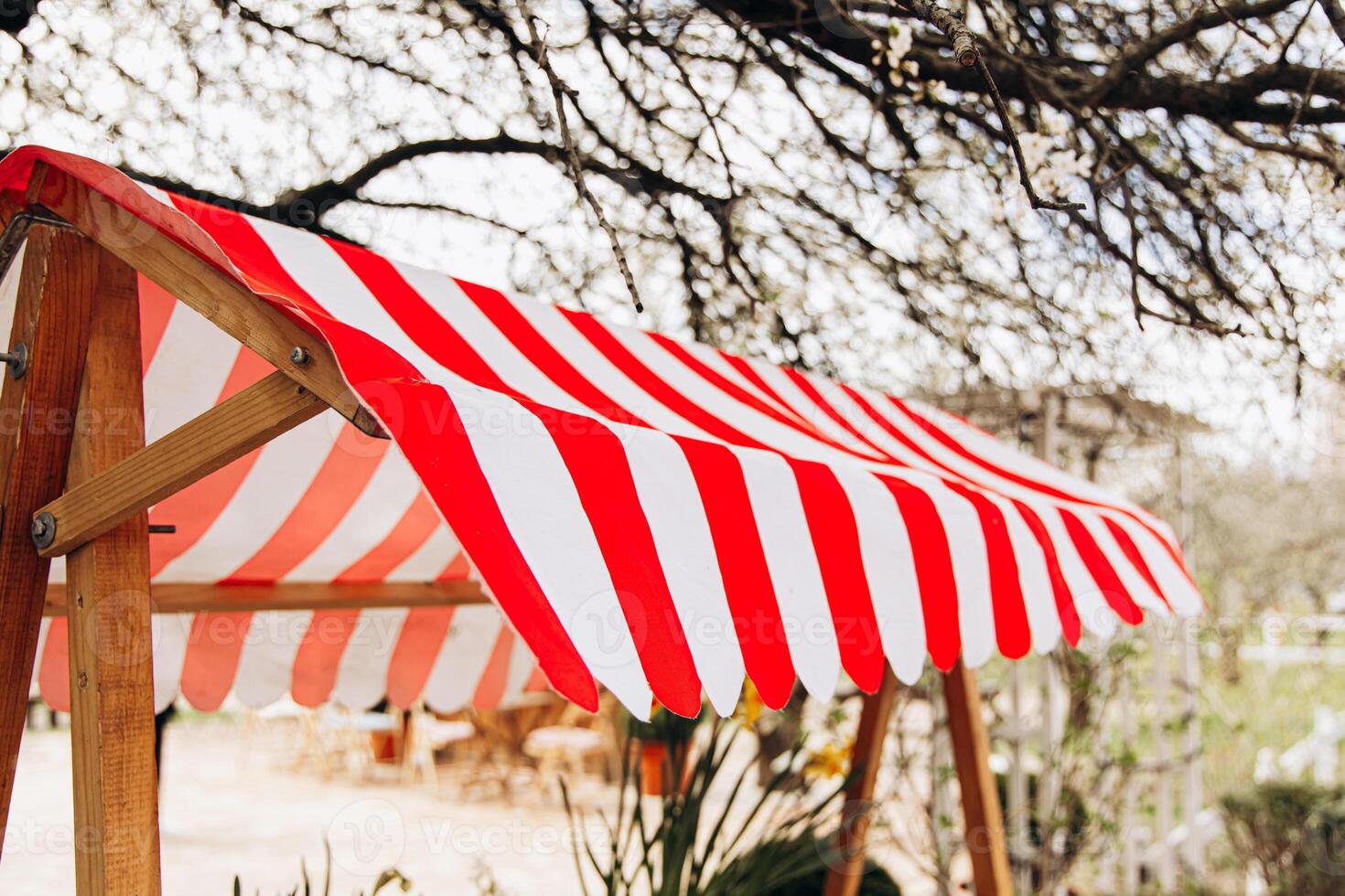 Colorful striped canopy provides shade at outdoor event location during sunny day photo