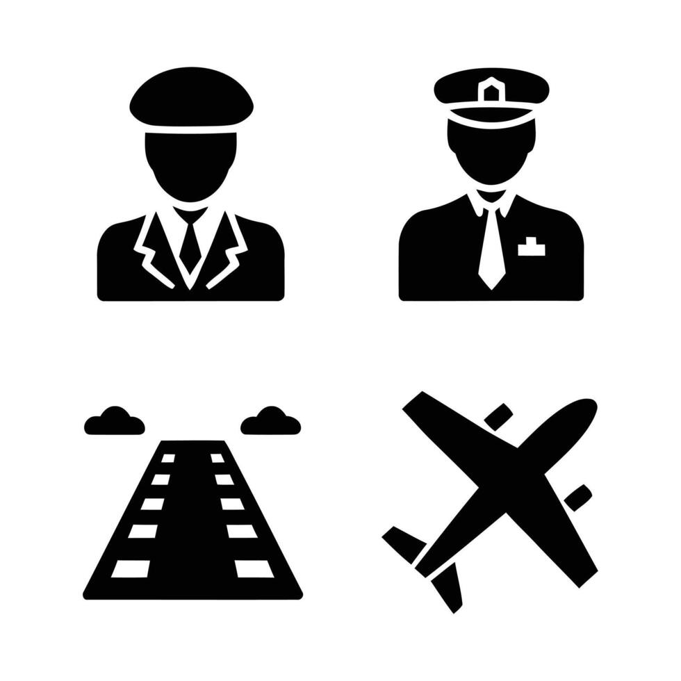 Pilot, Runway, and Airplane Icon Set, Aviation Silhouette Illustrations for Flight and Travel Themes vector