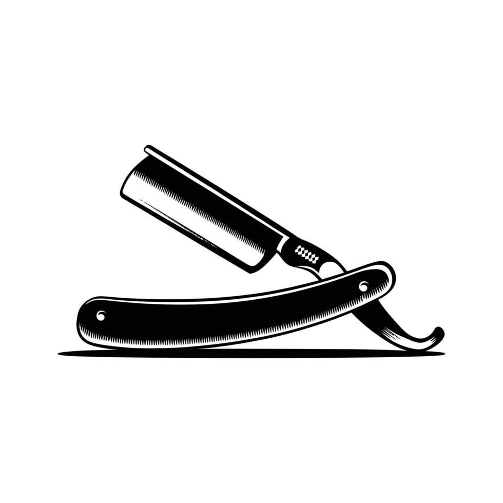 Vintage Straight Razor Black and White Barber Shaving Blade Design for Barbershop, Grooming, and Men Style Illustration vector