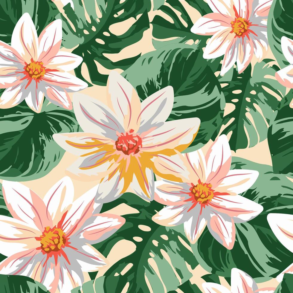 Seamless Tropical Floral Pattern with White and Pink Exotic Flowers and Green Monstera Leaves on Beige Background. Summer Jungle Design for Textile, Wallpaper, and Fabric. vector