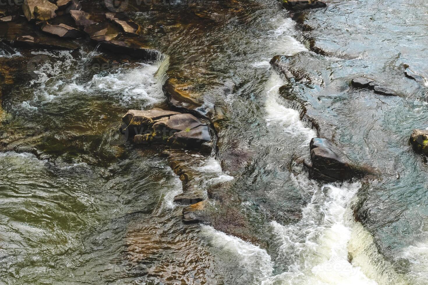 Flowing river water cascades over rocks in a serene natural setting during daylight hours photo