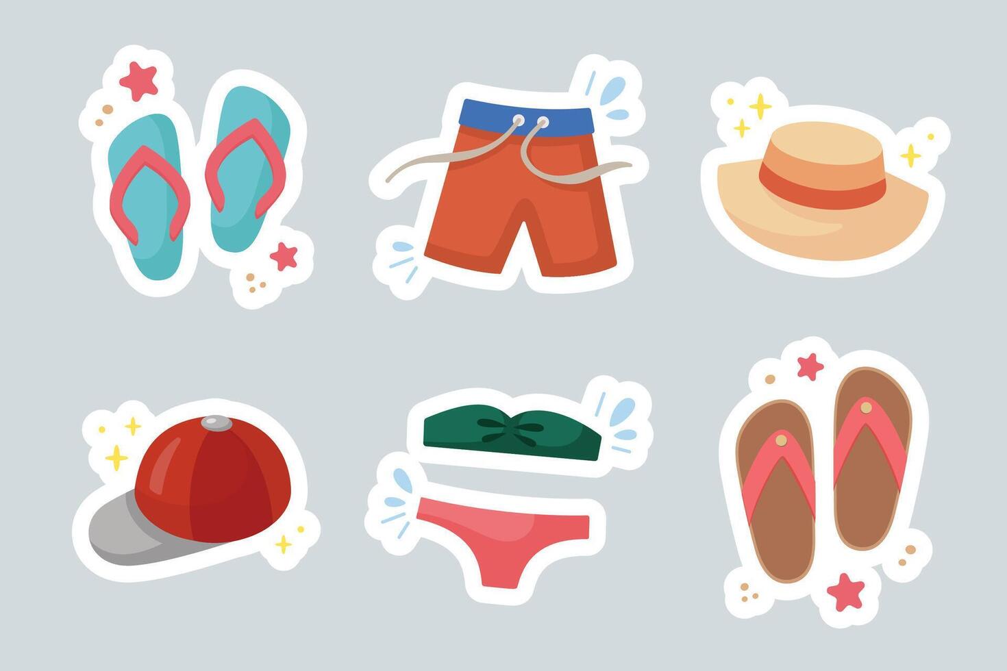 Clothes and shoes for beach holidays stickers. Summer Set. Cute beachwear icons collection. Summertime clothes elements. Cartoon illustration. Flat design. Beach accessory. vector