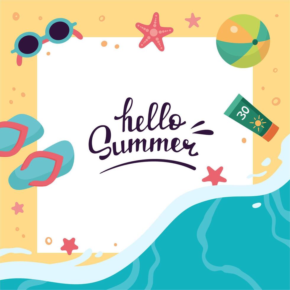 Summer copy space, square frame template. Hello summer lettering. Summer design template, illustration. Layout design. Sandy beach with sea waves. Summer banner, background. Vacation concept vector