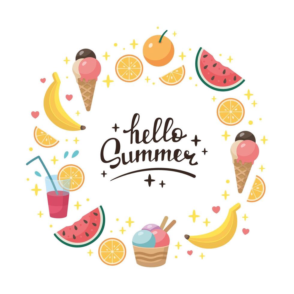 Summer sweets, fruits round frame, copy space, template. Doodle Summer Beach picnic circular frame. Summer time fruits, ice creams, juices. Cartoon illustration. Flat design. vector
