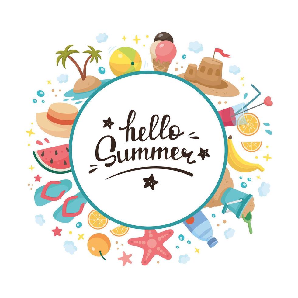 Hand drawn Summer round frame, copy space. Hello summer lettering. Doodle Summer Beach holidays circular frame. Beach party illustration. Summertime elements. Cartoon illustration. Flat design. vector
