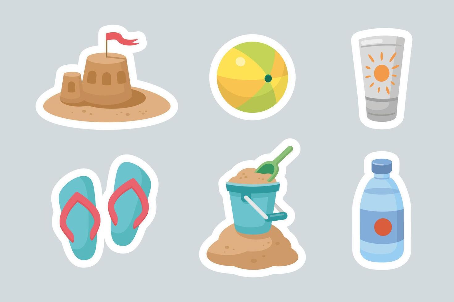 Summer sticker Set. Cute summer icons collection. Summertime elements. Beach games icons. Beach holidays elements stickers pack. Cartoon illustration. Flat design. vector