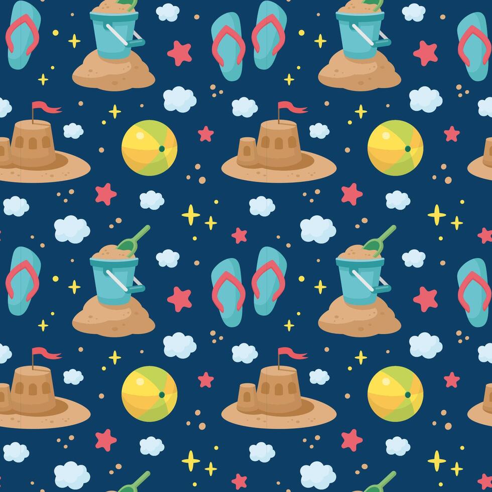 Summer seamless pattern. Beach games. Summertime fabric. Beach holidays texture. Cartoon Kids illustration. Flat design. Summer sea vacation concept vector