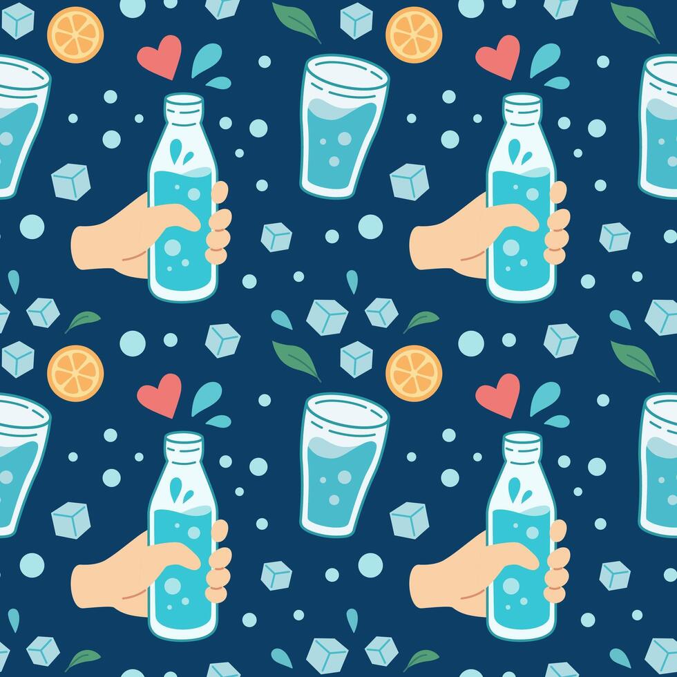 World water day seamless pattern. Drink more water concept pattern. Drinking water in glass, bottle. Zero waste concept texture. vector